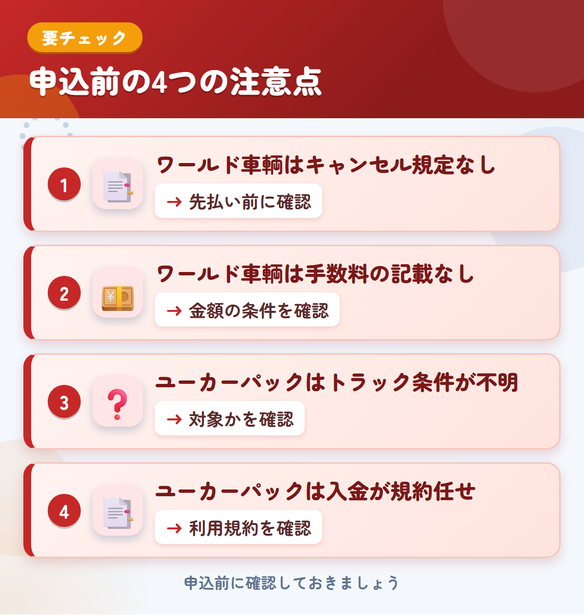 ワールド車輌とユーカーパックの申込前の注意点4つ。ワールド車輌はキャンセル規定なし、ワールド車輌は手数料の記載なし、ユーカーパックはトラック条件が不明、ユーカーパックは入金が規約任せ