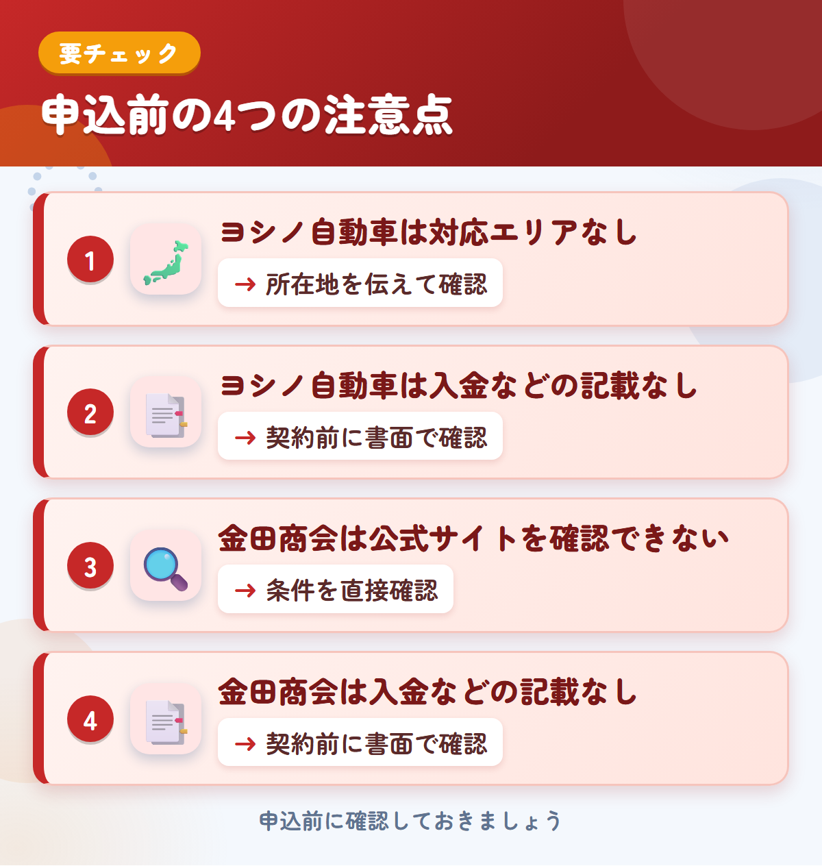 ヨシノ自動車と金田商会の申込前の注意点4つ。ヨシノ自動車は対応エリアなし、ヨシノ自動車は入金などの記載なし、金田商会は公式サイトを確認できない、金田商会は入金などの記載なし