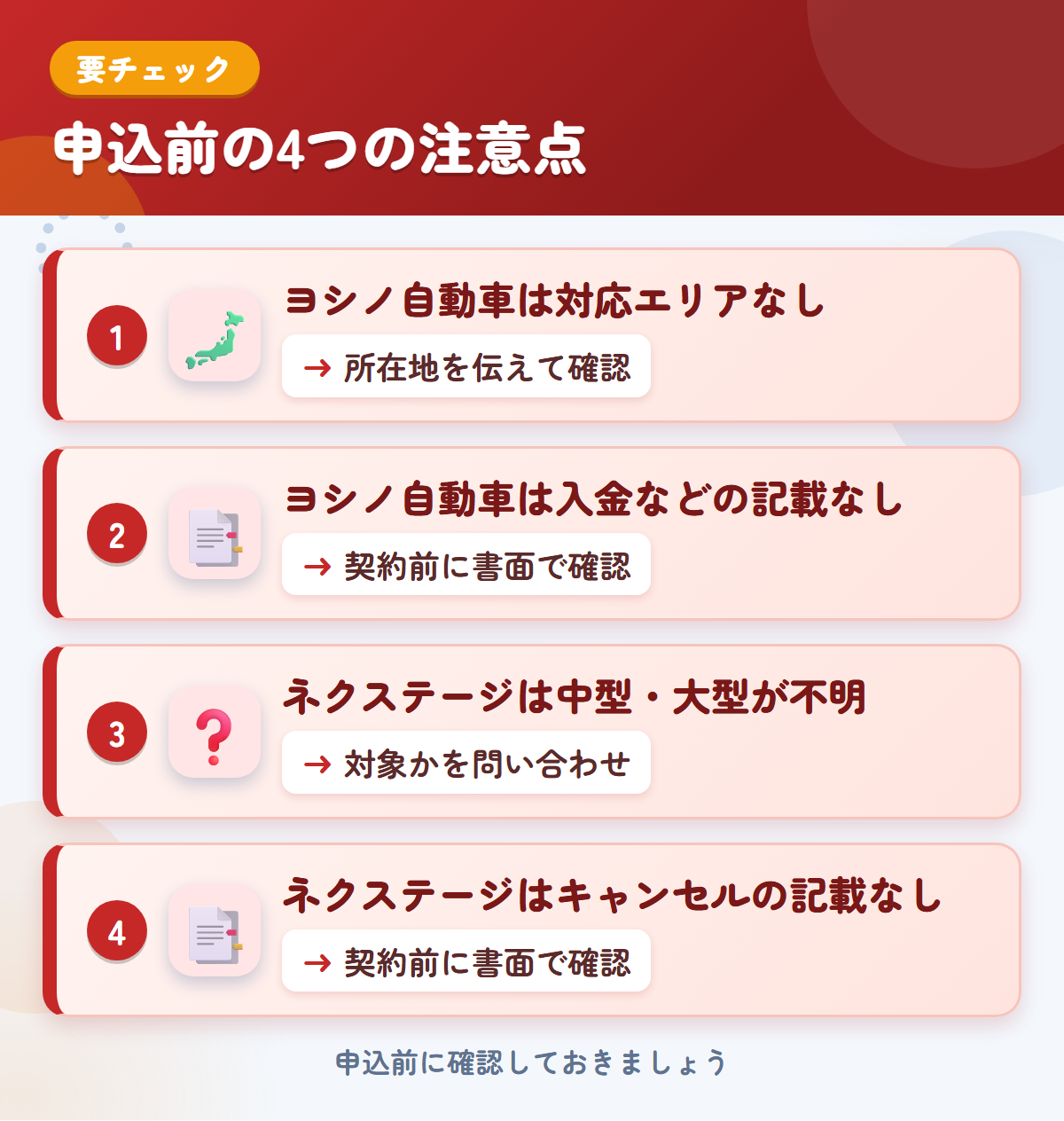 ヨシノ自動車とネクステージの申込前の注意点4つ。ヨシノ自動車は対応エリアなし、ヨシノ自動車は入金などの記載なし、ネクステージは中型・大型が不明、ネクステージはキャンセルの記載なし