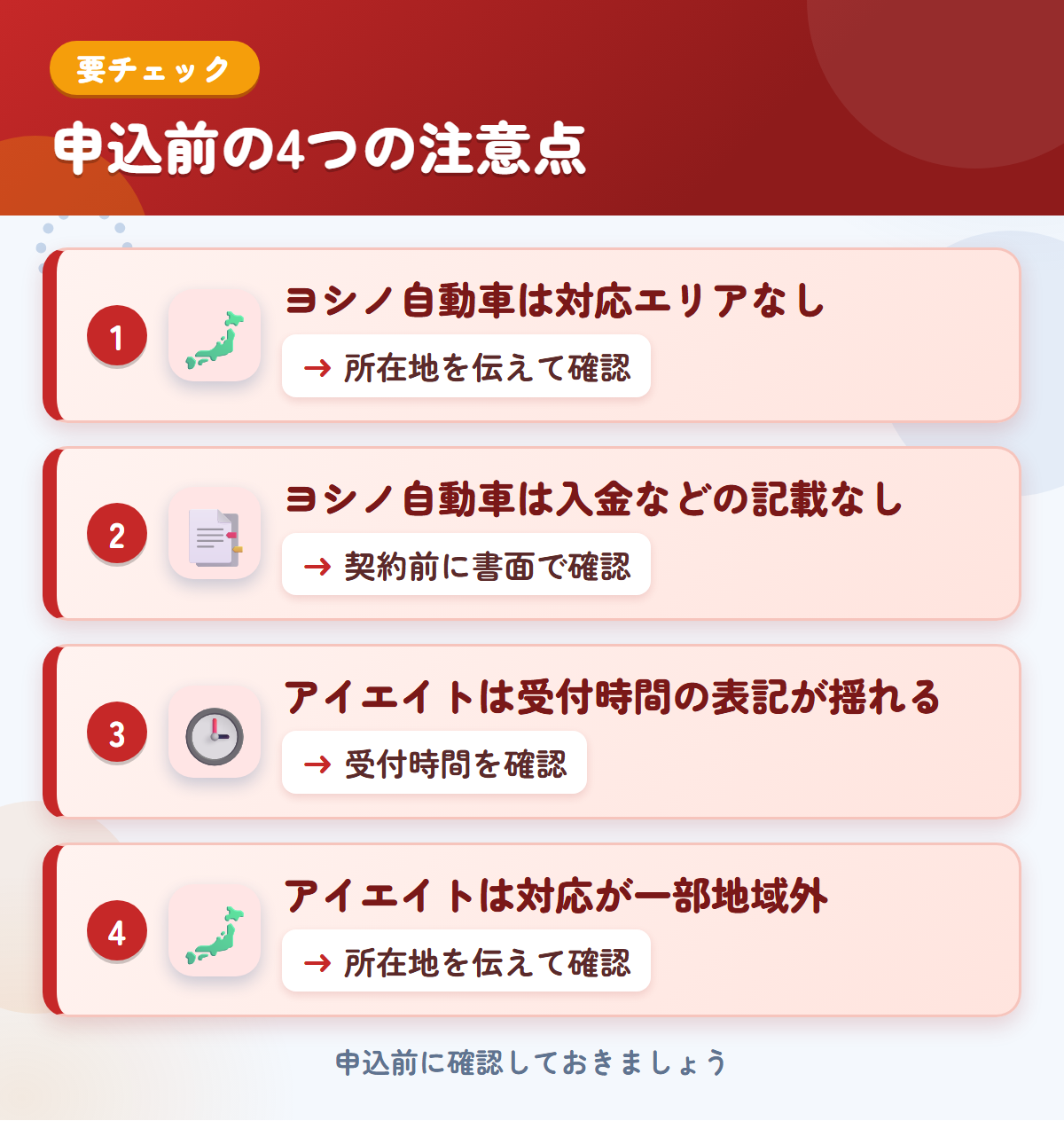 ヨシノ自動車とアイエイトの申込前の注意点4つ。ヨシノ自動車は対応エリアなし、ヨシノ自動車は入金などの記載なし、アイエイトは受付時間の表記が揺れる、アイエイトは対応が一部地域外