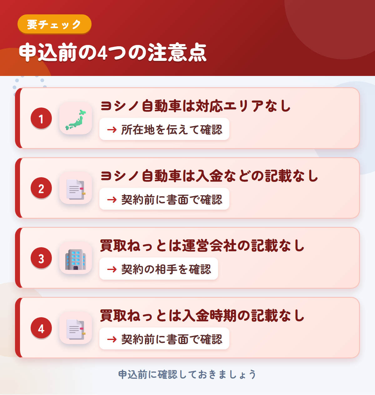 ヨシノ自動車と買取ねっとの申込前の注意点4つ。ヨシノ自動車は対応エリアなし、ヨシノ自動車は入金などの記載なし、買取ねっとは運営会社の記載なし、買取ねっとは入金時期の記載なし