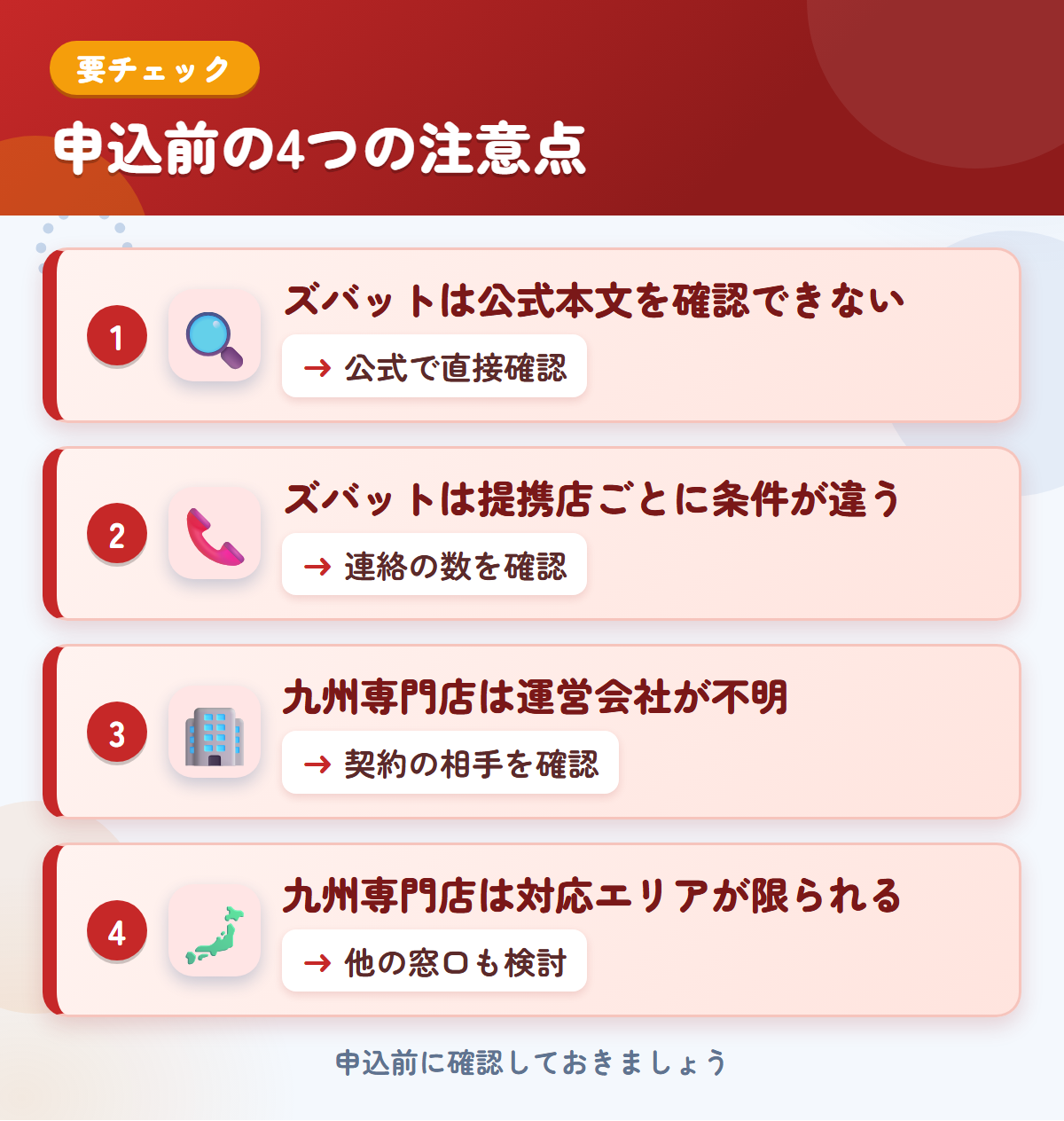 ズバットと九州専門店の申込前の注意点4つ。ズバットは公式本文を確認できない、ズバットは提携店ごとに条件が違う、九州専門店は運営会社が不明、九州専門店は対応エリアが限られる